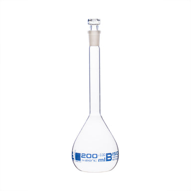 Flasks Volumetric with Hollow Stopper Class - B, cap. 200ml, Hex. Hollow Stopper, borosilicate glass, Blue Printing - eiscoindustrial