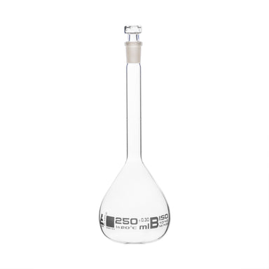 Flasks Volumetric with Hollow Stopper Class - B, cap. 250ml, Hex. Hollow Stopper, borosilicate glass, White Printing - eiscoindustrial