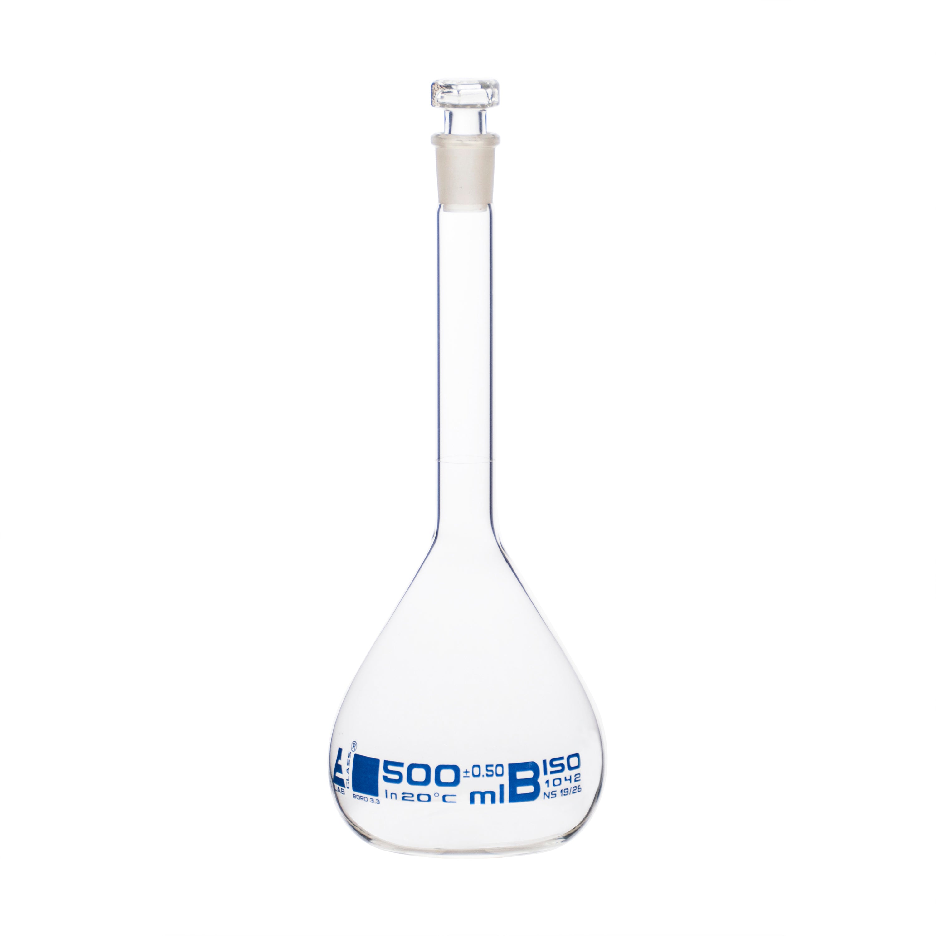 Flasks Volumetric with Hollow Stopper Class - B, cap. 500ml, Hex. Hollow Stopper, borosilicate glass, Blue Printing - eiscoindustrial