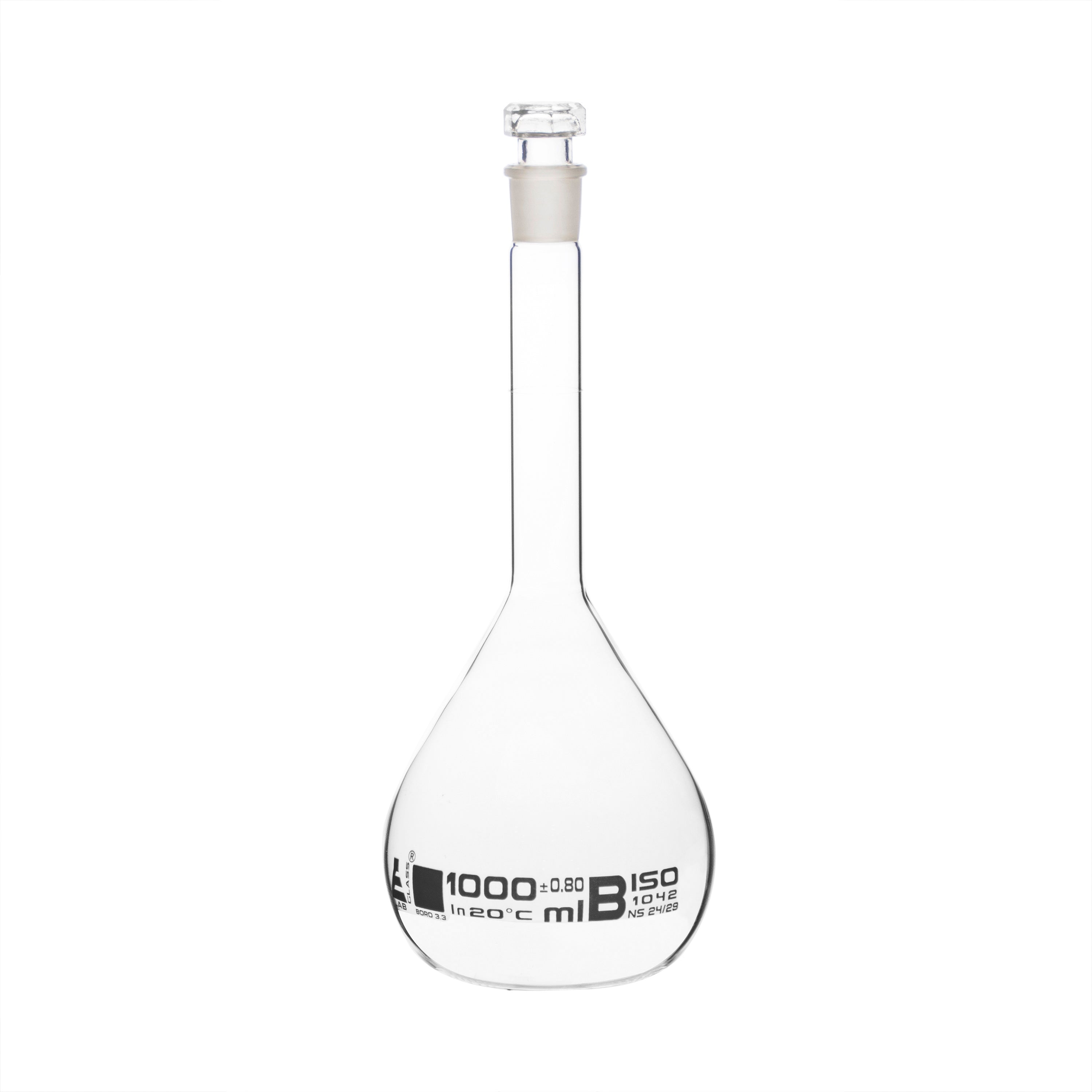 Flasks Volumetric with Hollow Stopper Class - B, cap. 1000ml, Hex. Hollow Stopper, borosilicate glass, White Printing - eiscoindustrial