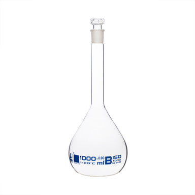 Flasks Volumetric with Hollow Stopper Class - B, cap. 1000ml, Hex. Hollow Stopper, borosilicate glass, Blue Printing - eiscoindustrial