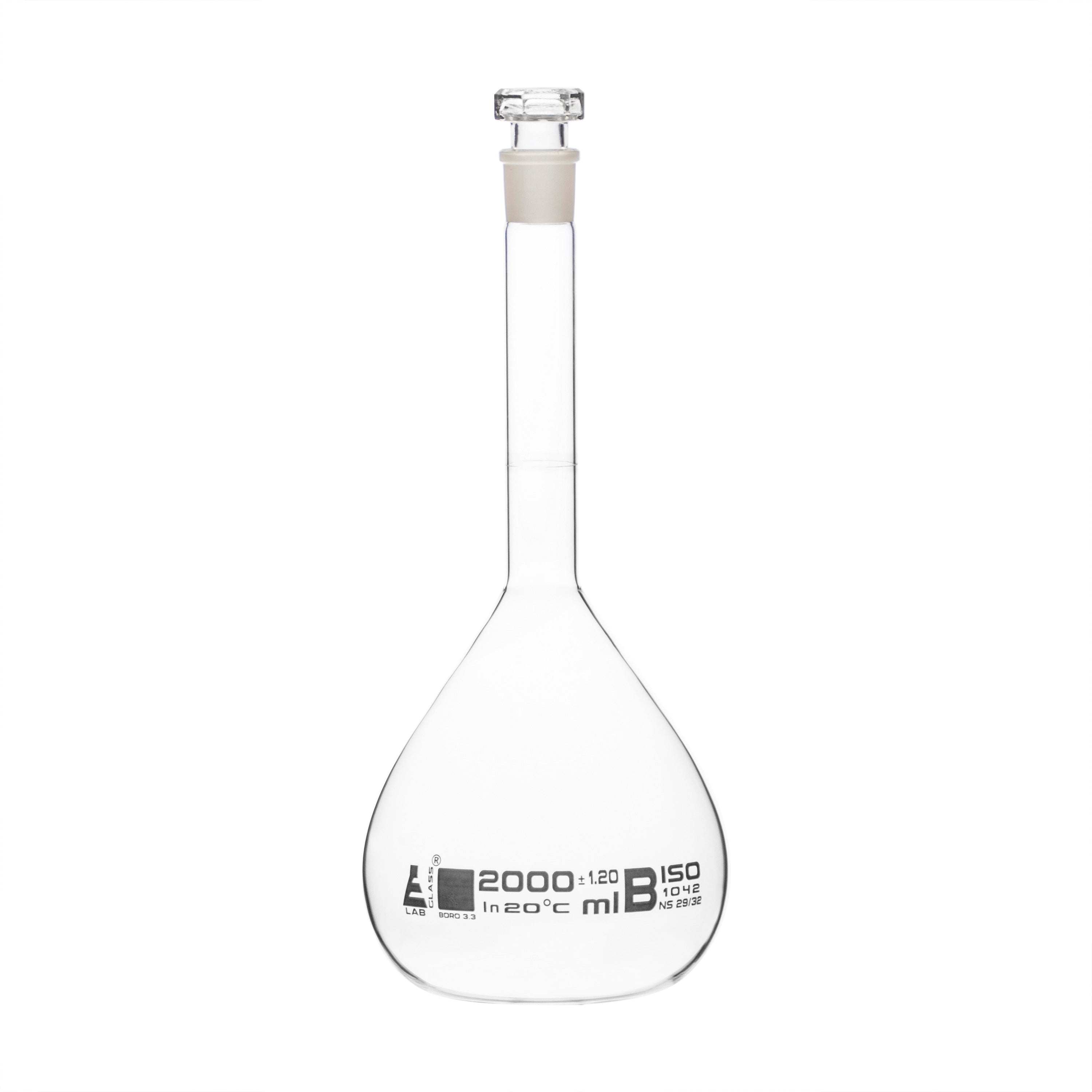 Flasks Volumetric with Hollow Stopper Class - B, cap. 2000ml, Hex. Hollow Stopper, borosilicate glass, White Printing - eiscoindustrial