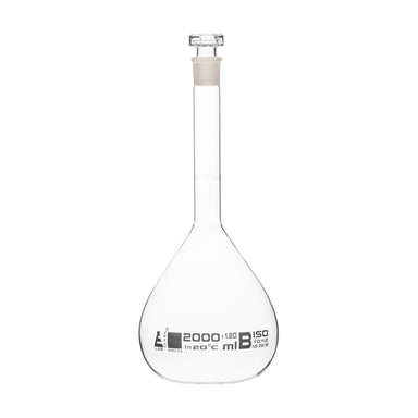 Flasks Volumetric with Hollow Stopper Class - B, cap. 2000ml, Hex. Hollow Stopper, borosilicate glass, White Printing - eiscoindustrial