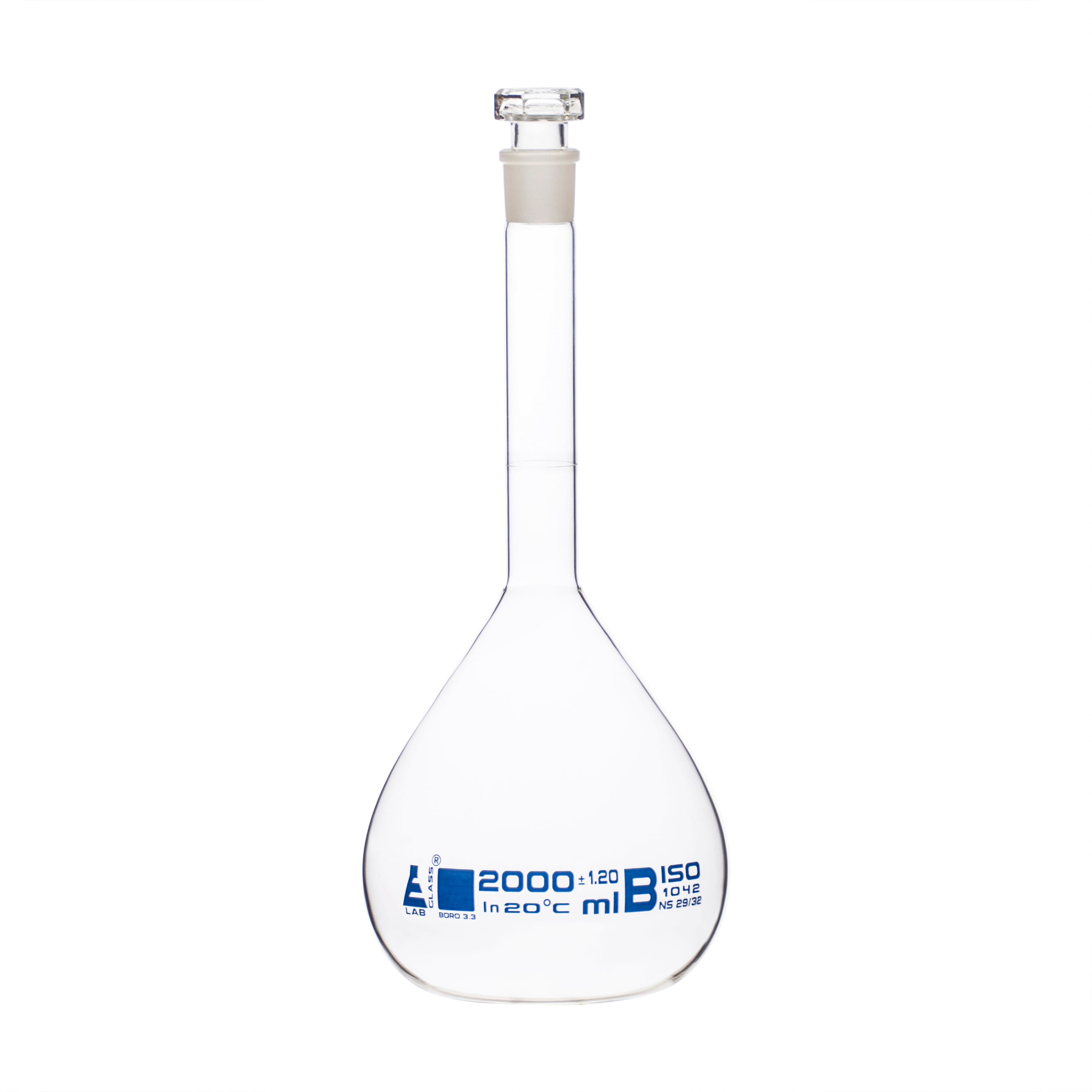 Flasks Volumetric with Hollow Stopper Class - B, cap. 2000ml, Hex. Hollow Stopper, borosilicate glass, Blue Printing - eiscoindustrial