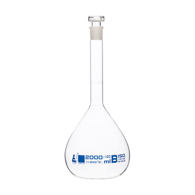 Flasks Volumetric with Hollow Stopper Class - B, cap. 2000ml, Hex. Hollow Stopper, borosilicate glass, Blue Printing - eiscoindustrial