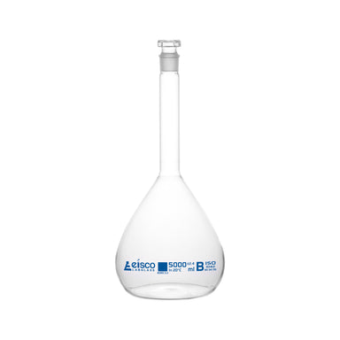 Flasks Volumetric with Hollow Stopper Class - B, cap. 5000ml, Hex. Hollow Stopper, borosilicate glass, Blue Printing - eiscoindustrial