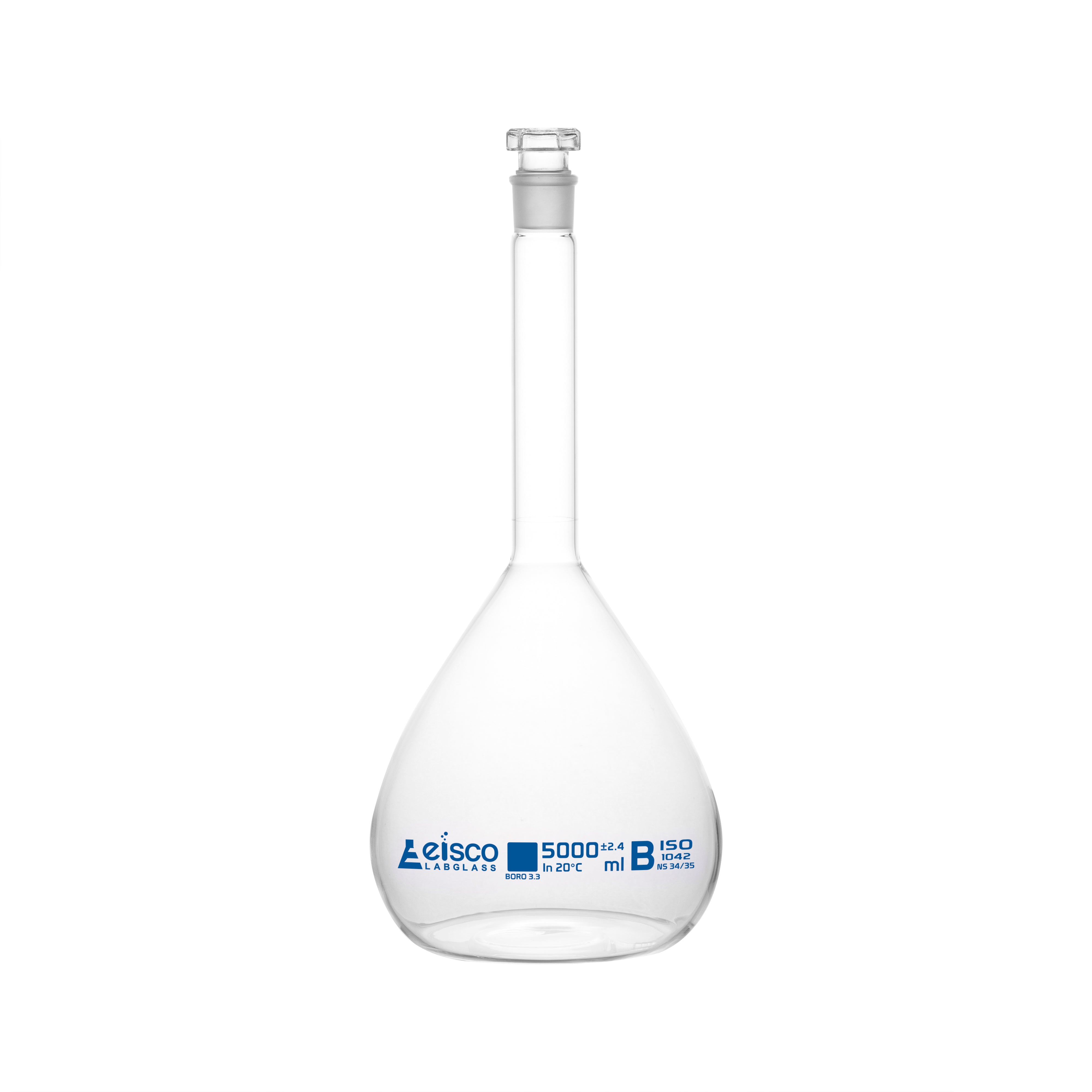 Flasks Volumetric with Hollow Stopper Class - B, cap. 5000ml, Hex. Hollow Stopper, borosilicate glass, Blue Printing - eiscoindustrial