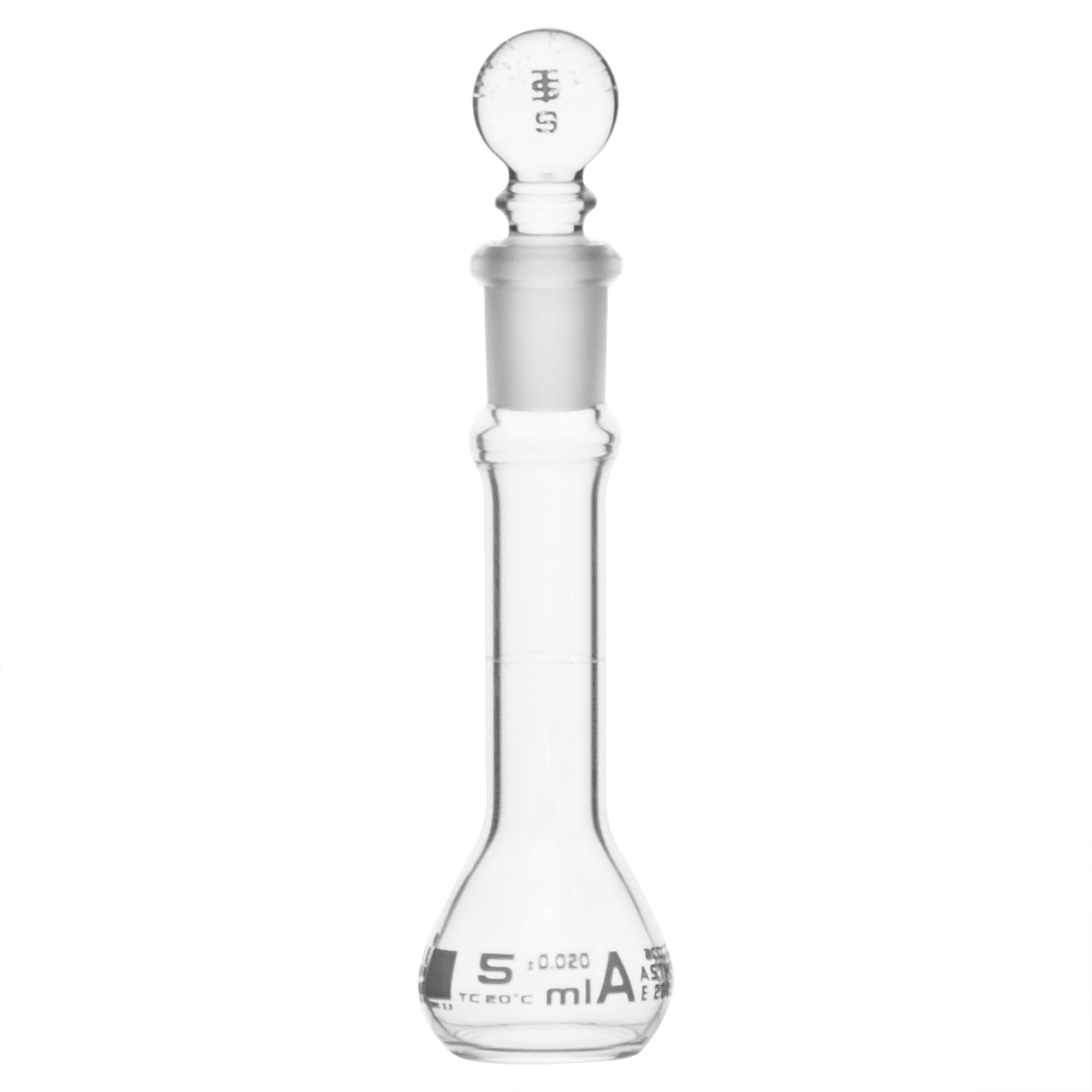 Flask Volumetric With Solid Glass Stopper  ASTM-E288 STD Class A  5 ml Stopper no.9, White Printing - eiscoindustrial