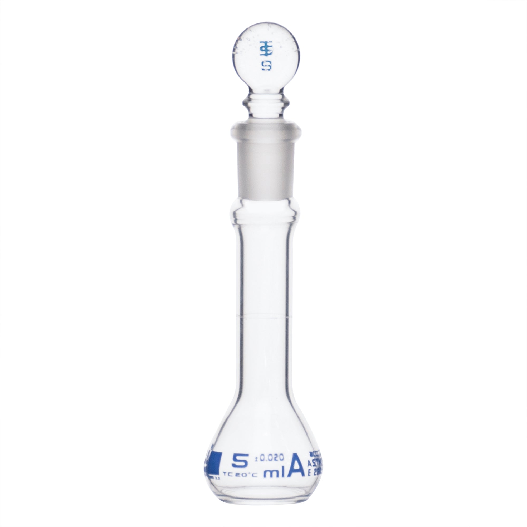 Flask Volumetric With Solid Glass Stopper  ASTM-E288 STD Class A  5 ml Stopper no.9, Blue Printing - eiscoindustrial