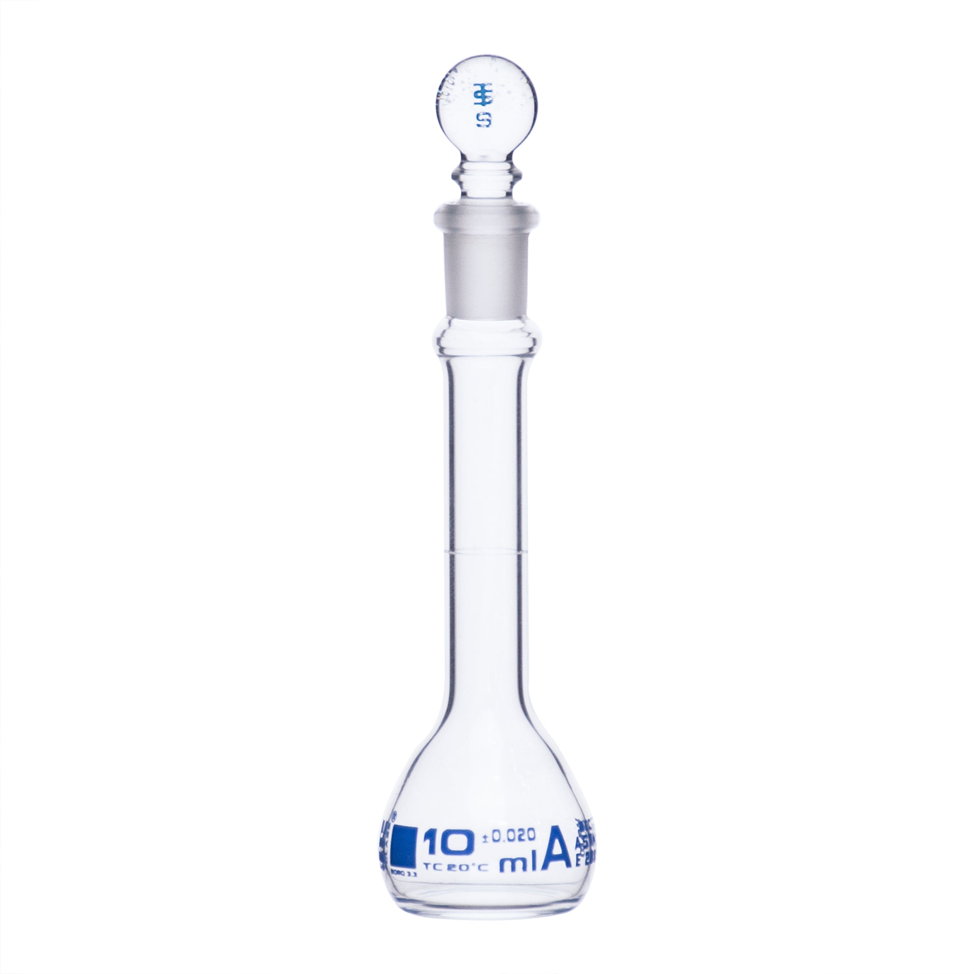 Flask Volumetric With Solid Glass Stopper  ASTM-E288 STD Class A  10 ml Stopper no.9, Blue Printing - eiscoindustrial