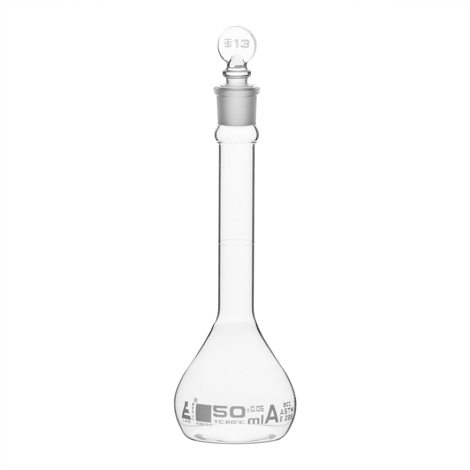 Flask Volumetric With Solid Glass Stopper  ASTM-E288 STD Class A  50 ml Stopper no 13, White Printing - eiscoindustrial