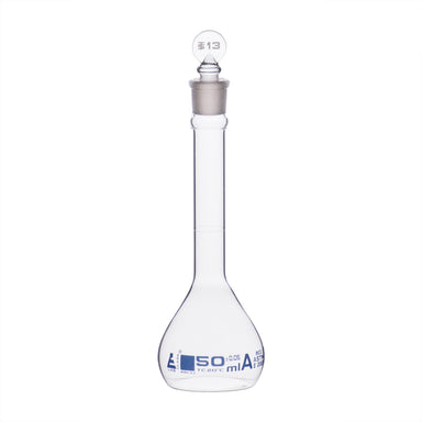 Flask Volumetric With Solid Glass Stopper  ASTM-E288 STD Class A  50 ml Stopper no 13, Blue Printing - eiscoindustrial