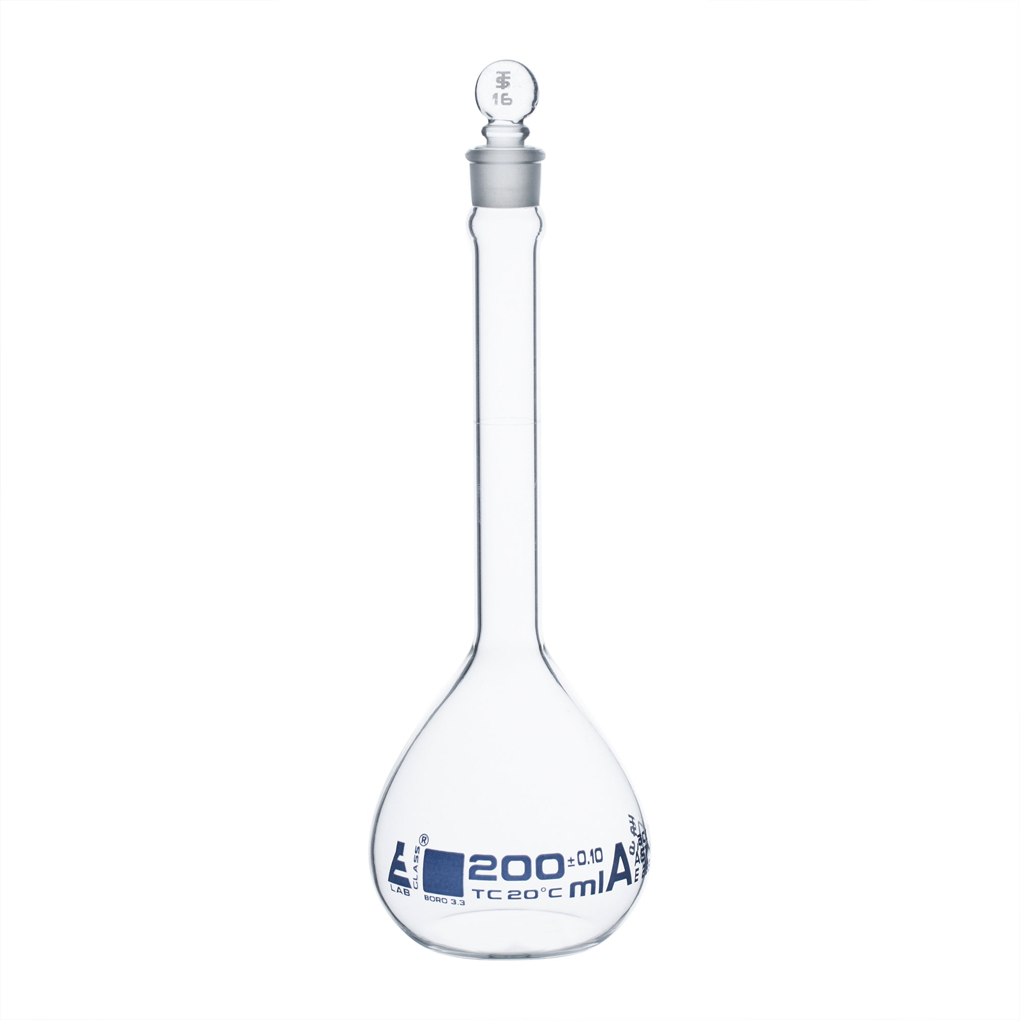 Flask Volumetric With Solid Glass Stopper  ASTM-E288 STD Class A  200 ml Stopper no 16, Blue Printing - eiscoindustrial