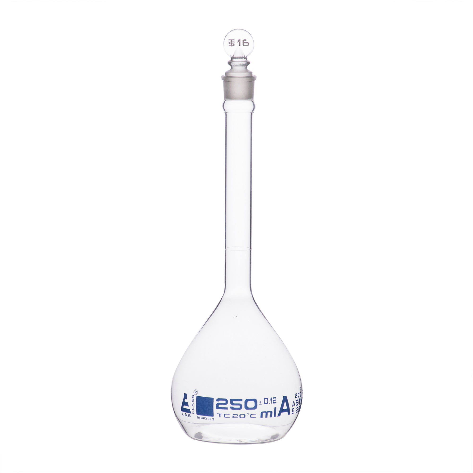 Flask Volumetric With Solid Glass Stopper  ASTM-E288 STD Class A  250 ml Stopper no 16, Blue Printing - eiscoindustrial