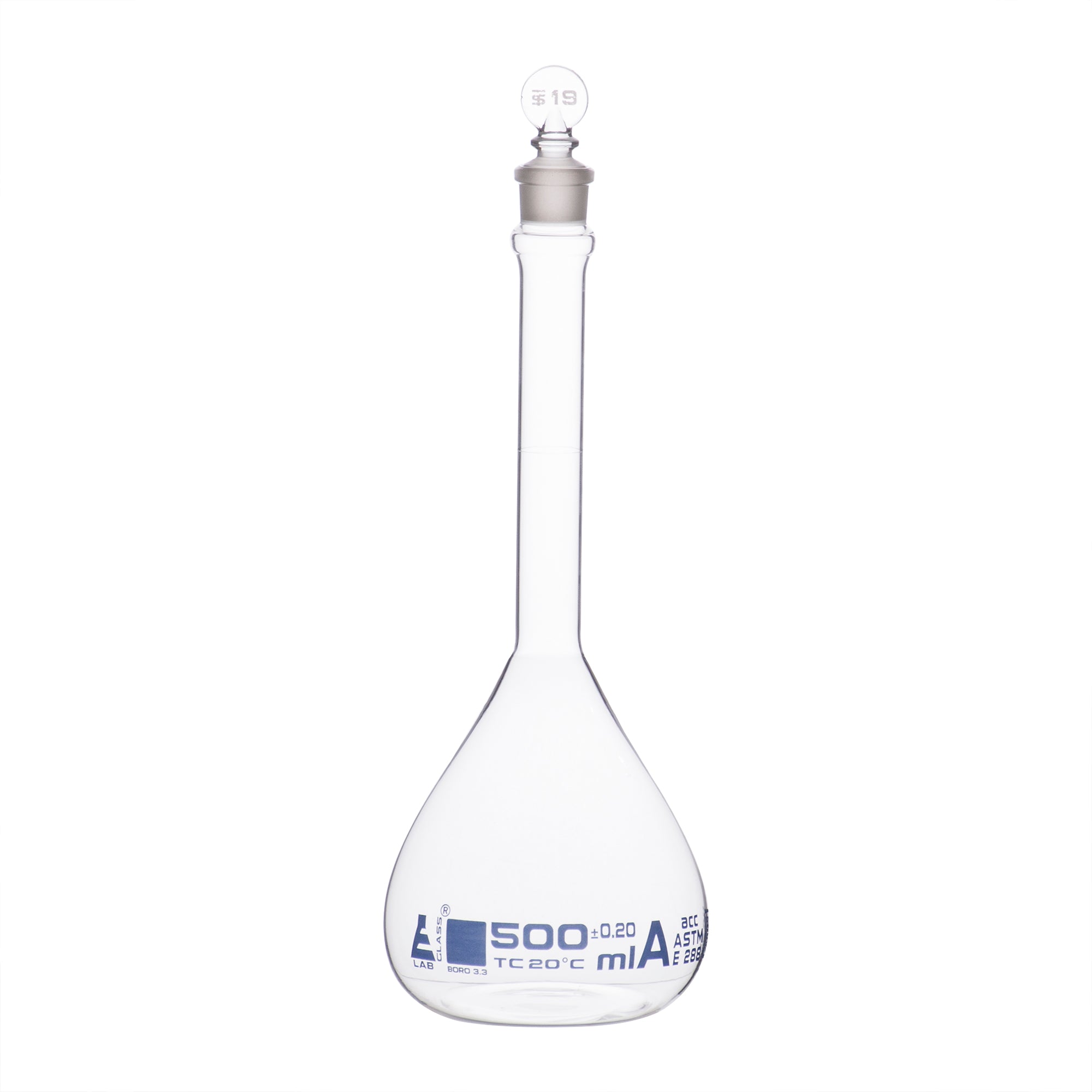 Flask Volumetric With Solid Glass Stopper  ASTM-E288 STD Class A  500 ml Stopper no 19, Blue Printing - eiscoindustrial