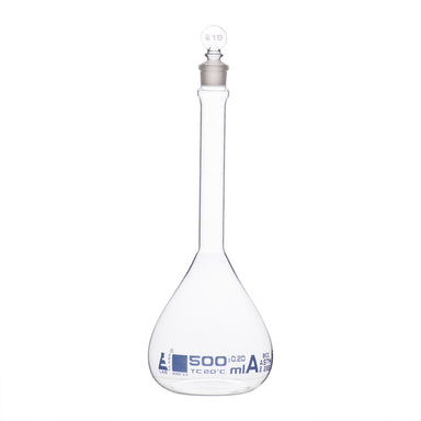 Flask Volumetric With Solid Glass Stopper  ASTM-E288 STD Class A  500 ml Stopper no 19, Blue Printing - eiscoindustrial