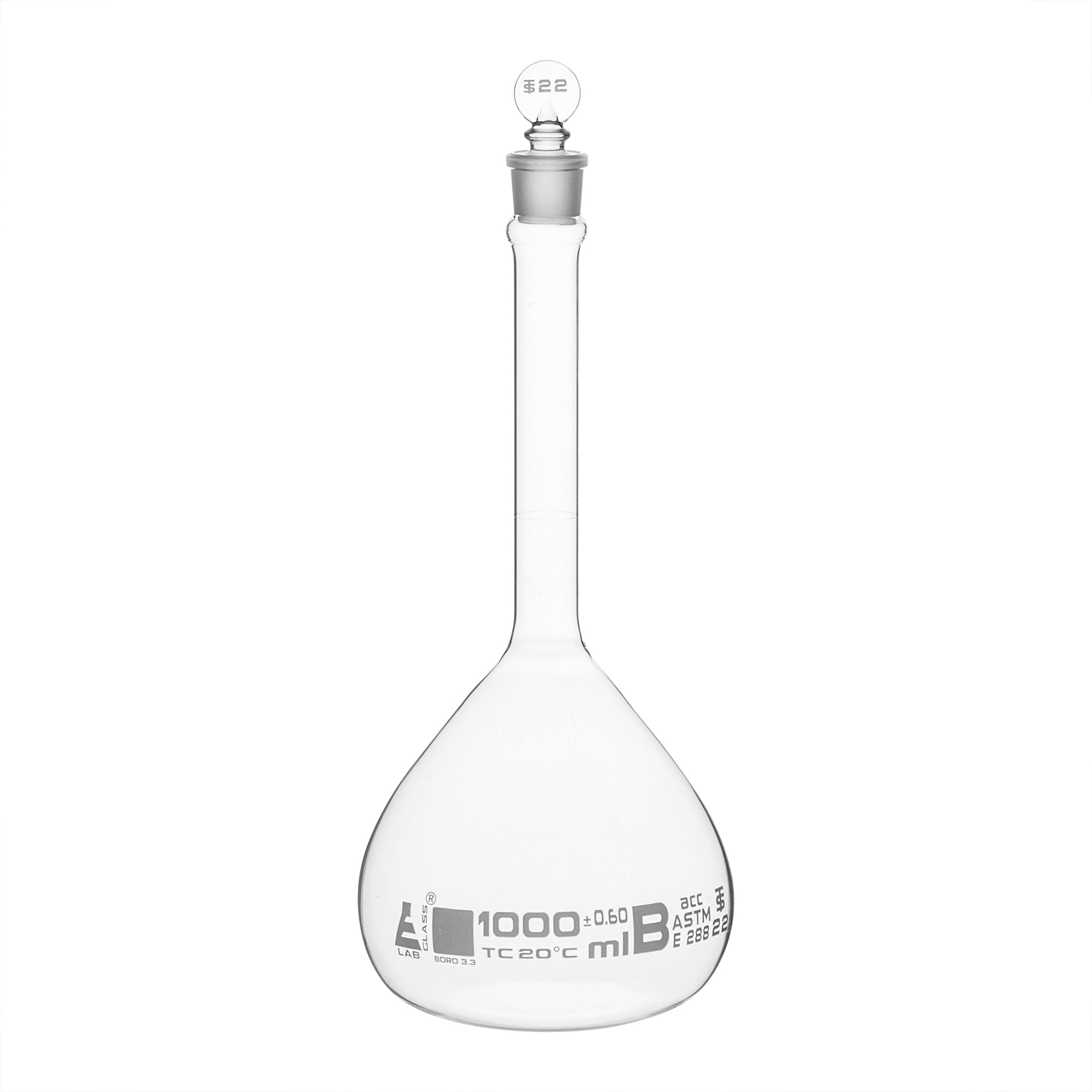 Flask Volumetric With Solid Glass Stopper  ASTM-E288 STD Class A  1000 ml Stopper no 22,White Printing - eiscoindustrial