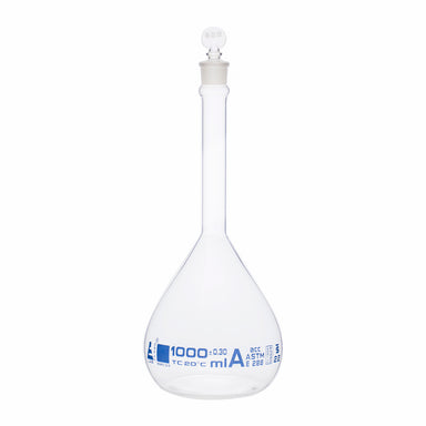 Flask Volumetric With Solid Glass Stopper  ASTM-E288 STD Class A  1000 ml Stopper no 22, Blue Printing - eiscoindustrial