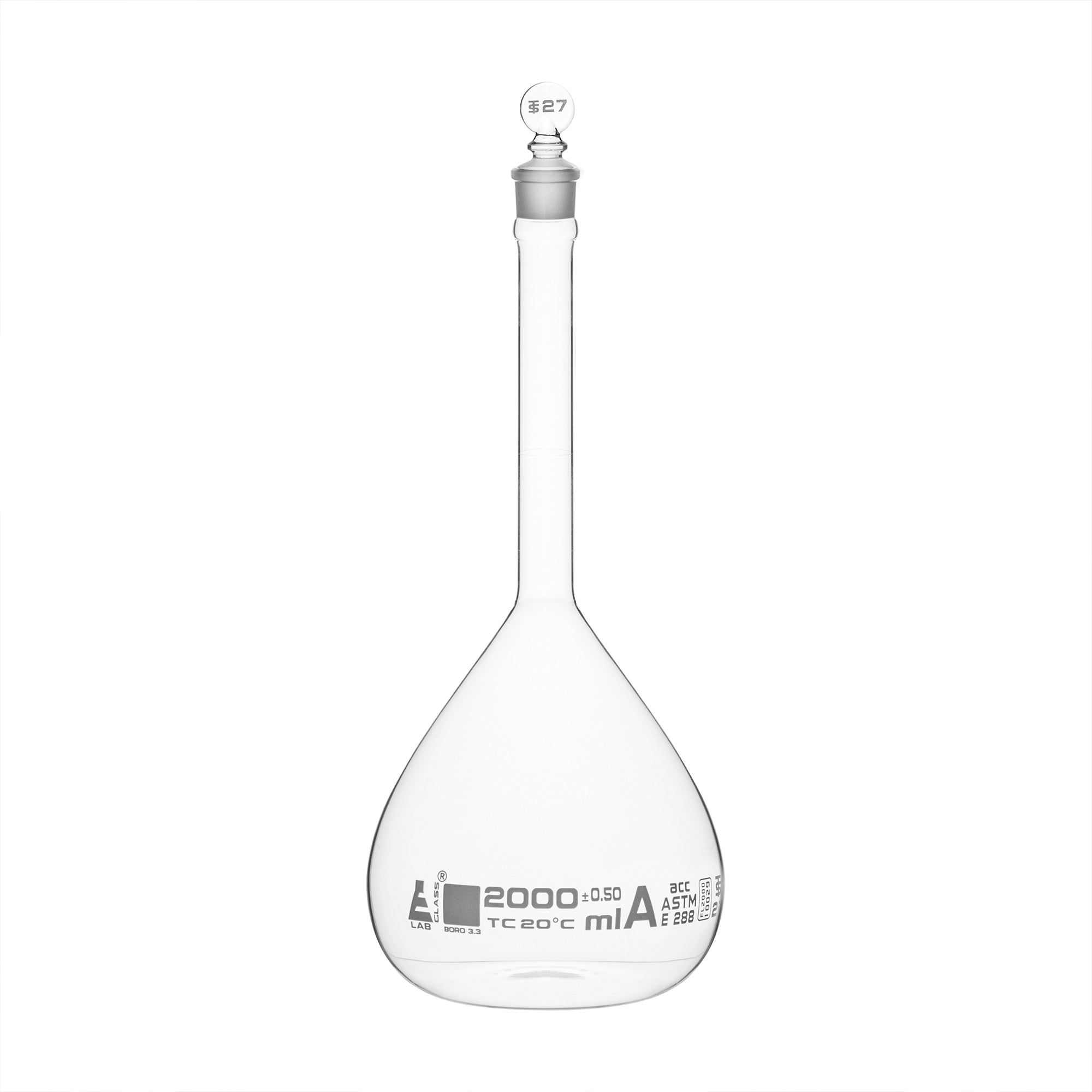 Flask Volumetric With Solid Glass Stopper  ASTM-E288 STD Class A  2000 ml Stopper no 27, White Printing - eiscoindustrial