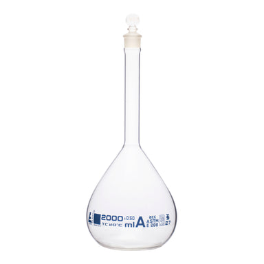 Flask Volumetric With Solid Glass Stopper  ASTM-E288 STD Class A  2000 ml Stopper no 27, Blue Printing - eiscoindustrial