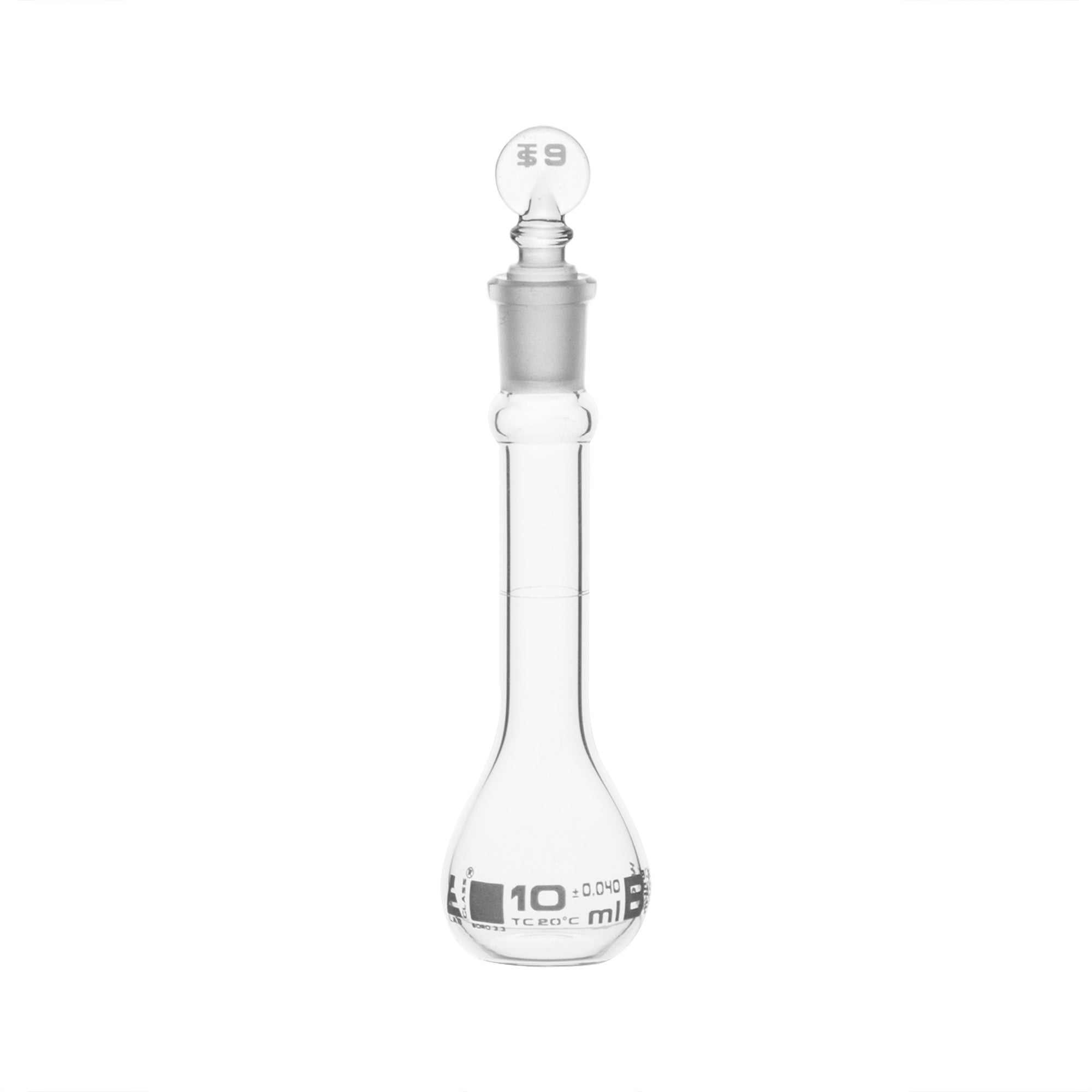 Flask Volumetric With Solid Glass Stopper  ASTM-E288 STD Class B,10 ml, Stopper no 9, White Printing - eiscoindustrial