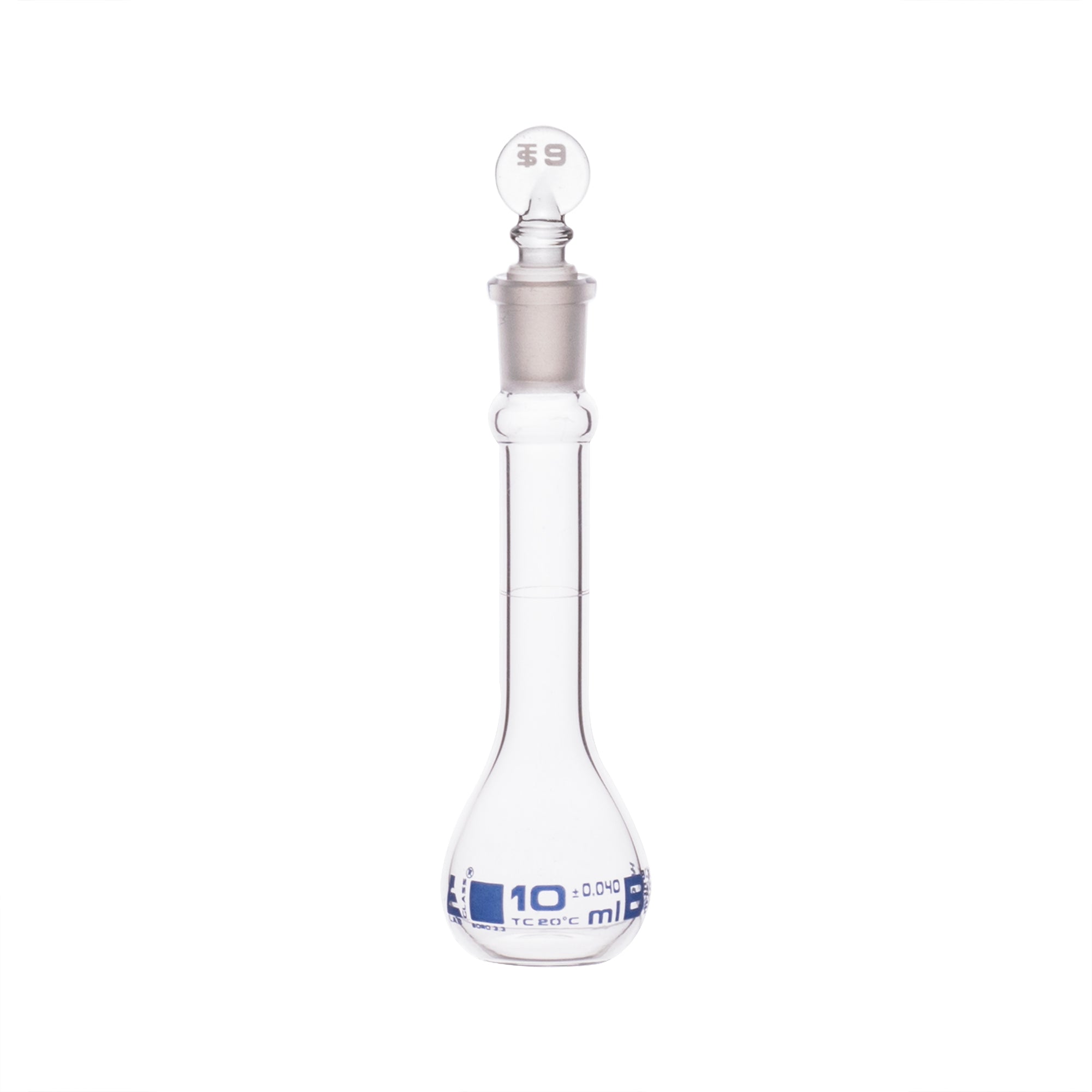 Flask Volumetric With Solid Glass Stopper  ASTM-E288 STD Class B,10 ml, Stopper no 9, Blue Printing - eiscoindustrial