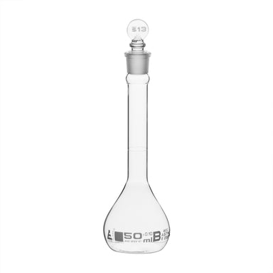 Flask Volumetric With Solid Glass Stopper  ASTM-E288 STD Class B 50 ml Stopper no 13, White Printing - eiscoindustrial