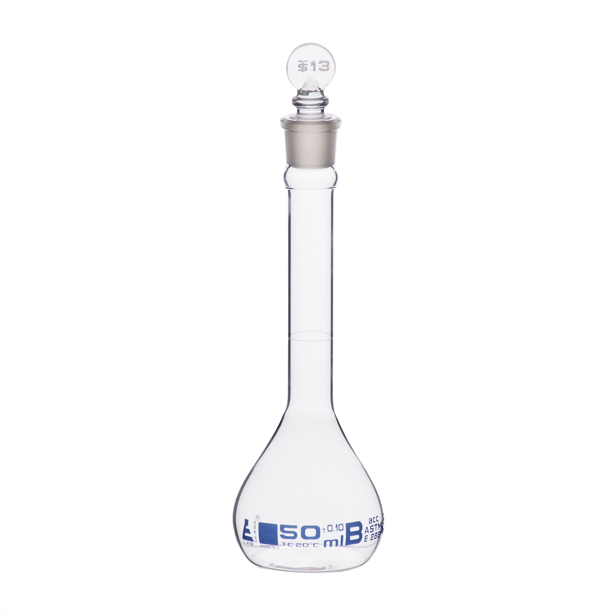 Flask Volumetric With Solid Glass Stopper  ASTM-E288 STD Class B 50 ml Stopper no 13, Blue Printing - eiscoindustrial