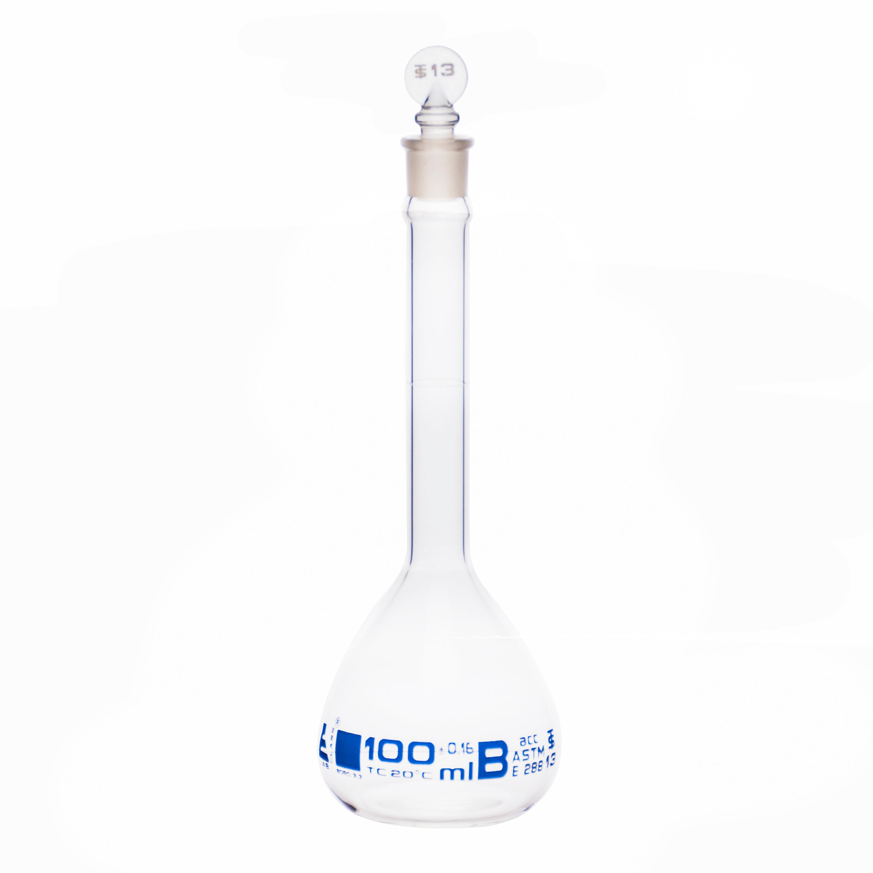 Flask Volumetric With Solid Glass Stopper  ASTM-E288 STD Class B 100 ml Stopper no 16, Blue Printing - eiscoindustrial