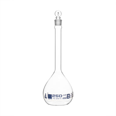 Flask Volumetric With Solid Glass Stopper  ASTM-E288 STD Class B 250 ml Stopper no 19, Blue Printing - eiscoindustrial