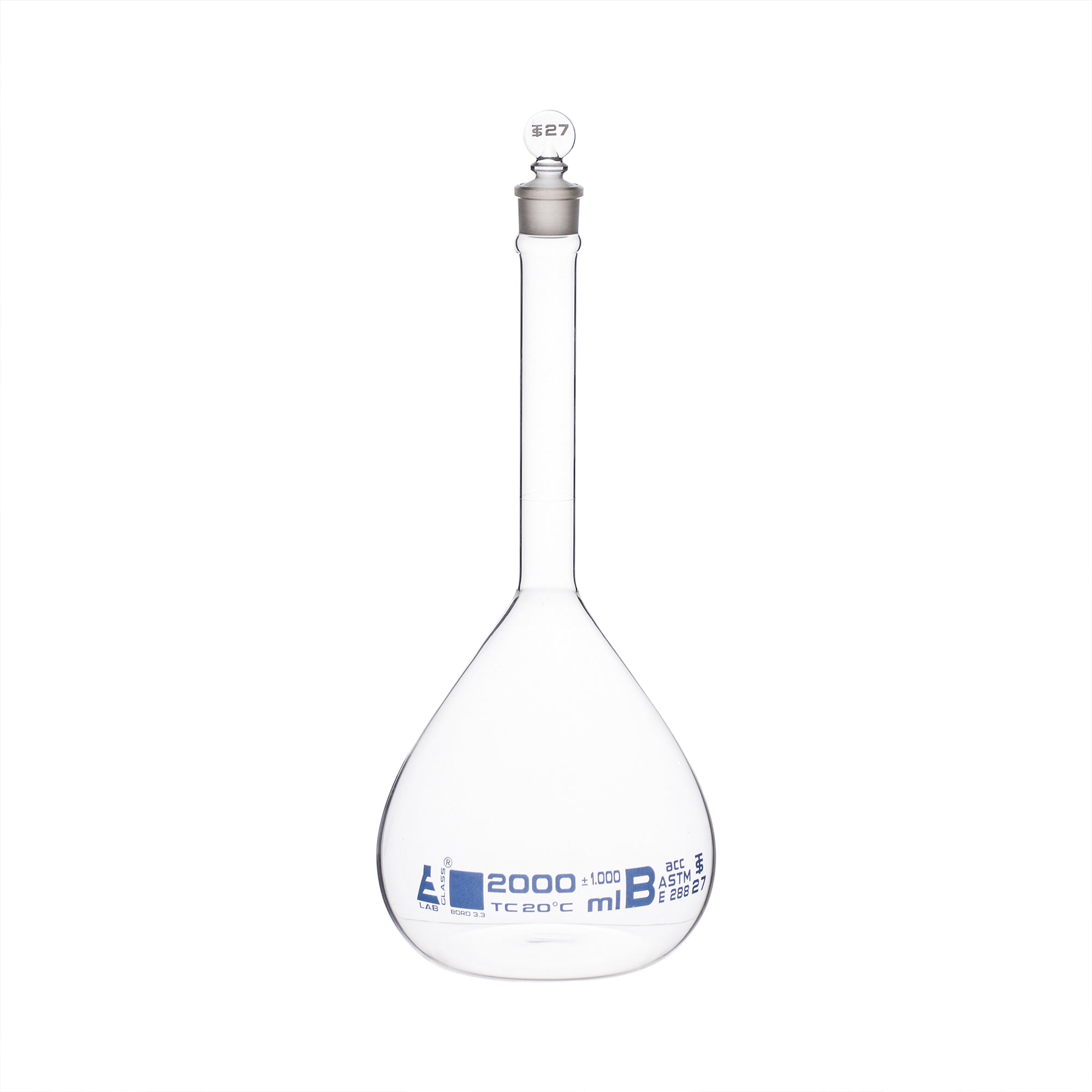 Flask Volumetric With Solid Glass Stopper  ASTM-E288 STD Class B 2000 ml Stopper no 27, Blue Printing - eiscoindustrial