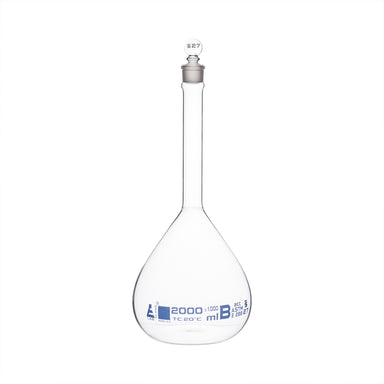 Flask Volumetric With Solid Glass Stopper  ASTM-E288 STD Class B 2000 ml Stopper no 27, Blue Printing - eiscoindustrial