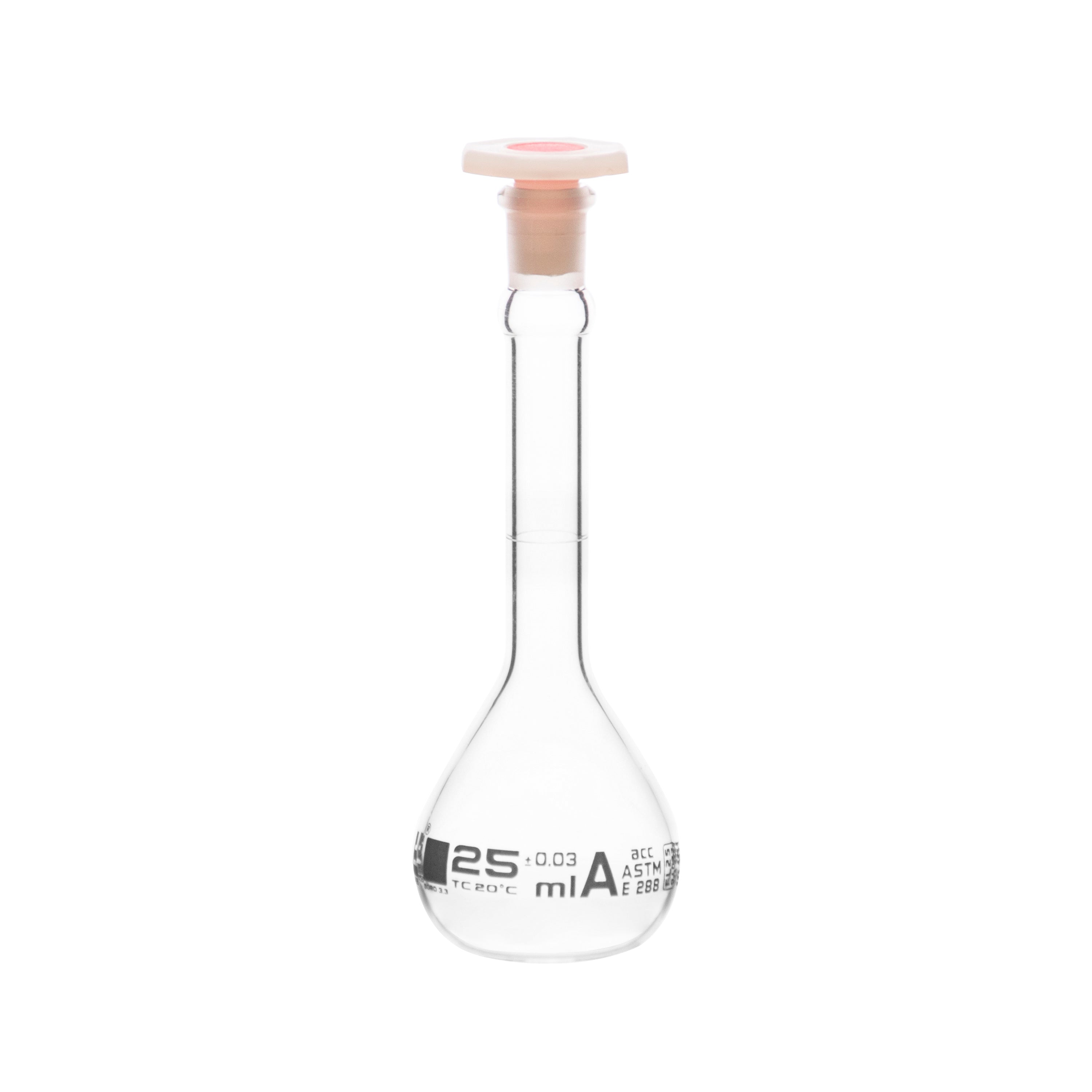 Flask Volumetric With Polypropylene Stopper  ASTM-E288 STD Class A,25 ml, Stopper no 9, White Printing - eiscoindustrial