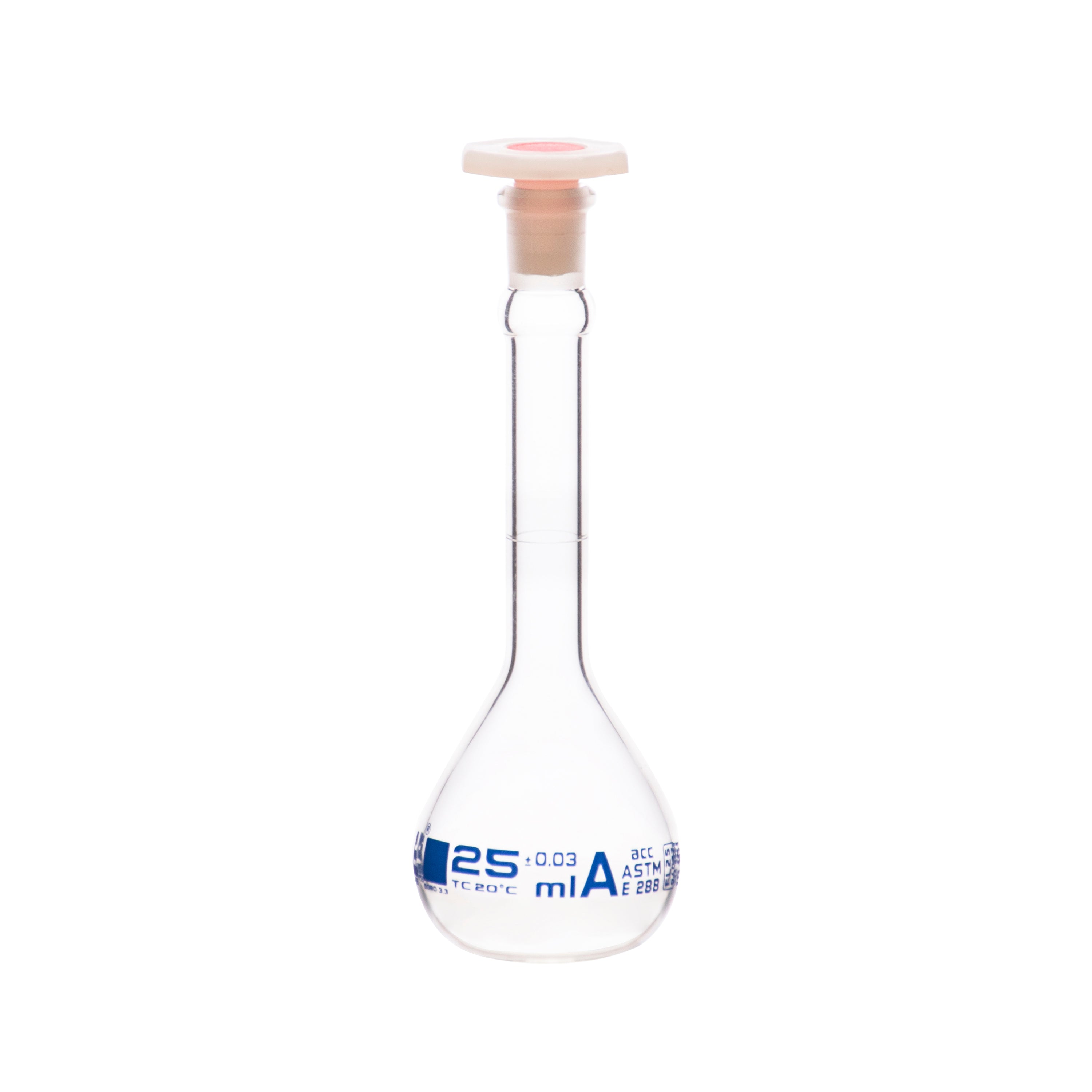 Flask Volumetric With Polypropylene Stopper  ASTM-E288 STD Class A,25 ml, Stopper no 9, Blue Printing - eiscoindustrial