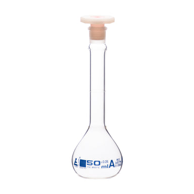 Flask Volumetric With Polypropylene Stopper  ASTM-E288 STD Class A,50 ml, Stopper no 13, Blue Printing - eiscoindustrial