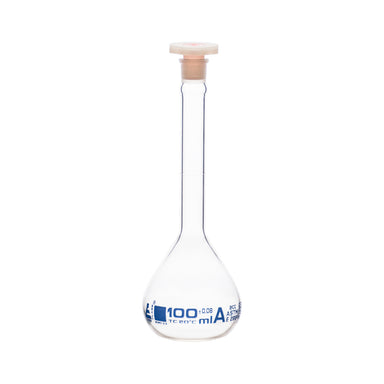 Flask Volumetric With Polypropylene Stopper  ASTM-E288 STD Class A,100 ml, Stopper no 13, Blue Printing - eiscoindustrial