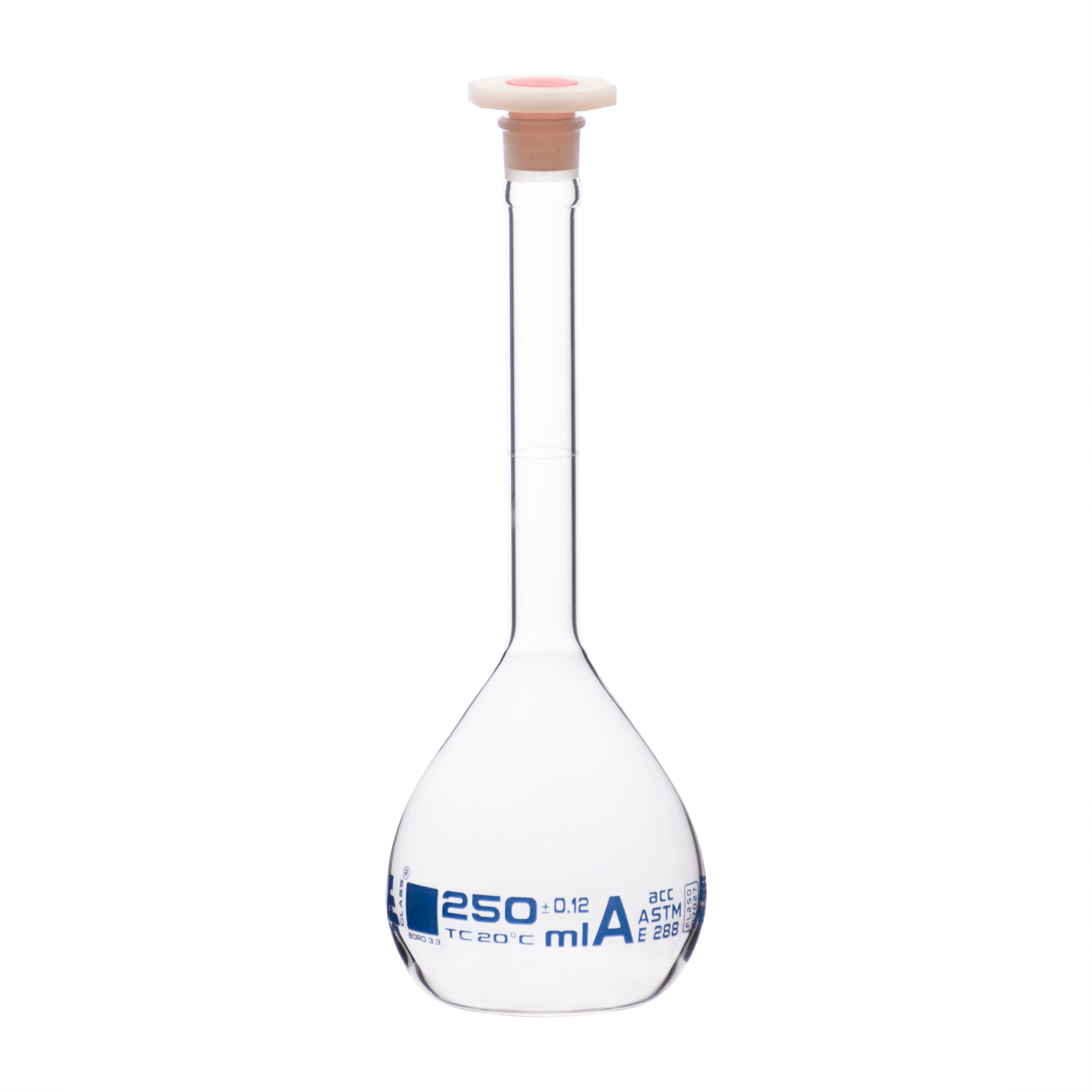 Flask Volumetric With Polypropylene Stopper  ASTM-E288 STD Class A,250 ml, Stopper no 16, Blue Printing - eiscoindustrial