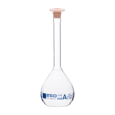 Flask Volumetric With Polypropylene Stopper  ASTM-E288 STD Class A,250 ml, Stopper no 16, Blue Printing - eiscoindustrial