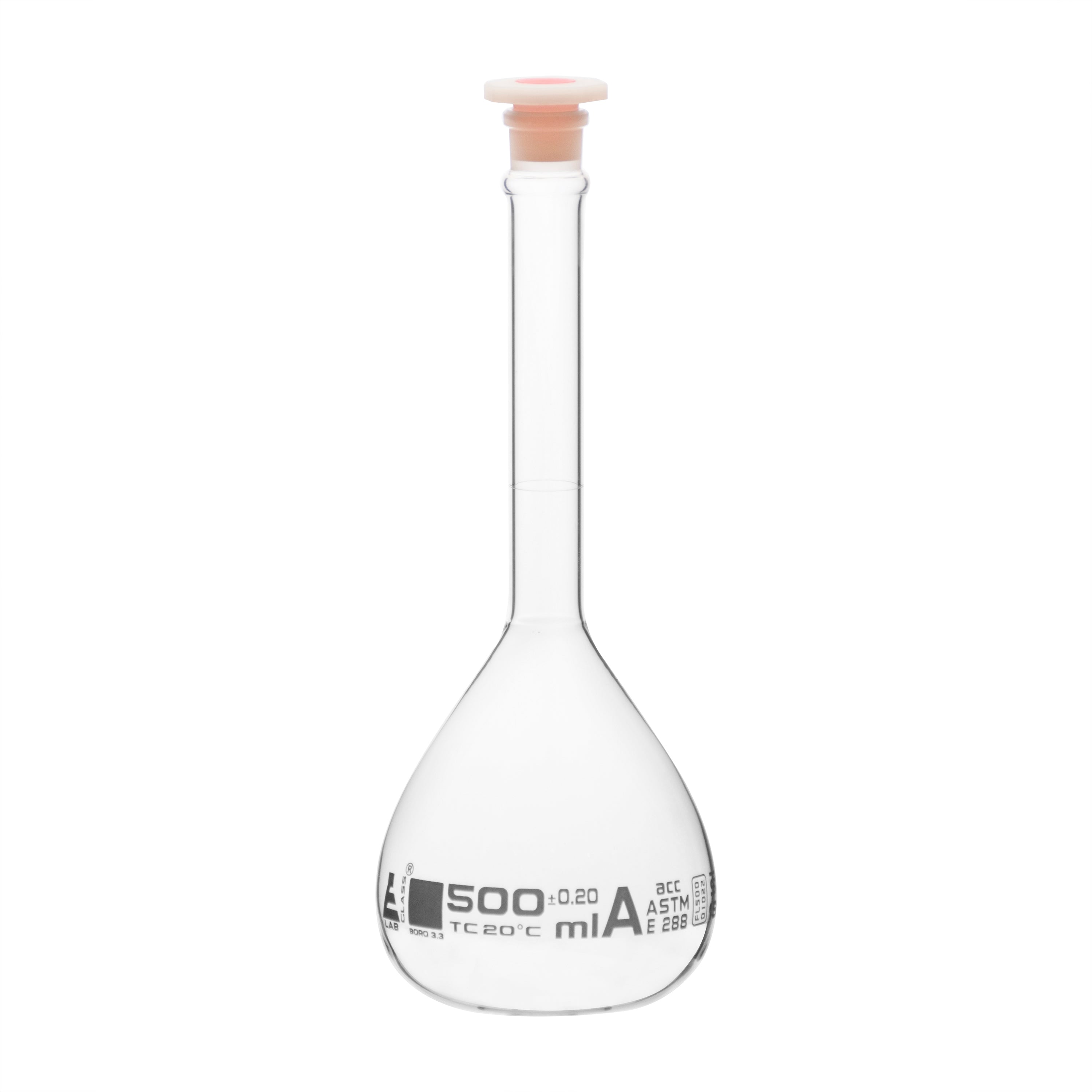 Flask Volumetric With Polypropylene Stopper  ASTM-E288 STD Class A,500 ml, Stopper no 19, White Printing - eiscoindustrial