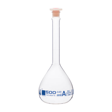 Flask Volumetric With Polypropylene Stopper  ASTM-E288 STD Class A,500 ml, Stopper no 19, Blue Printing - eiscoindustrial