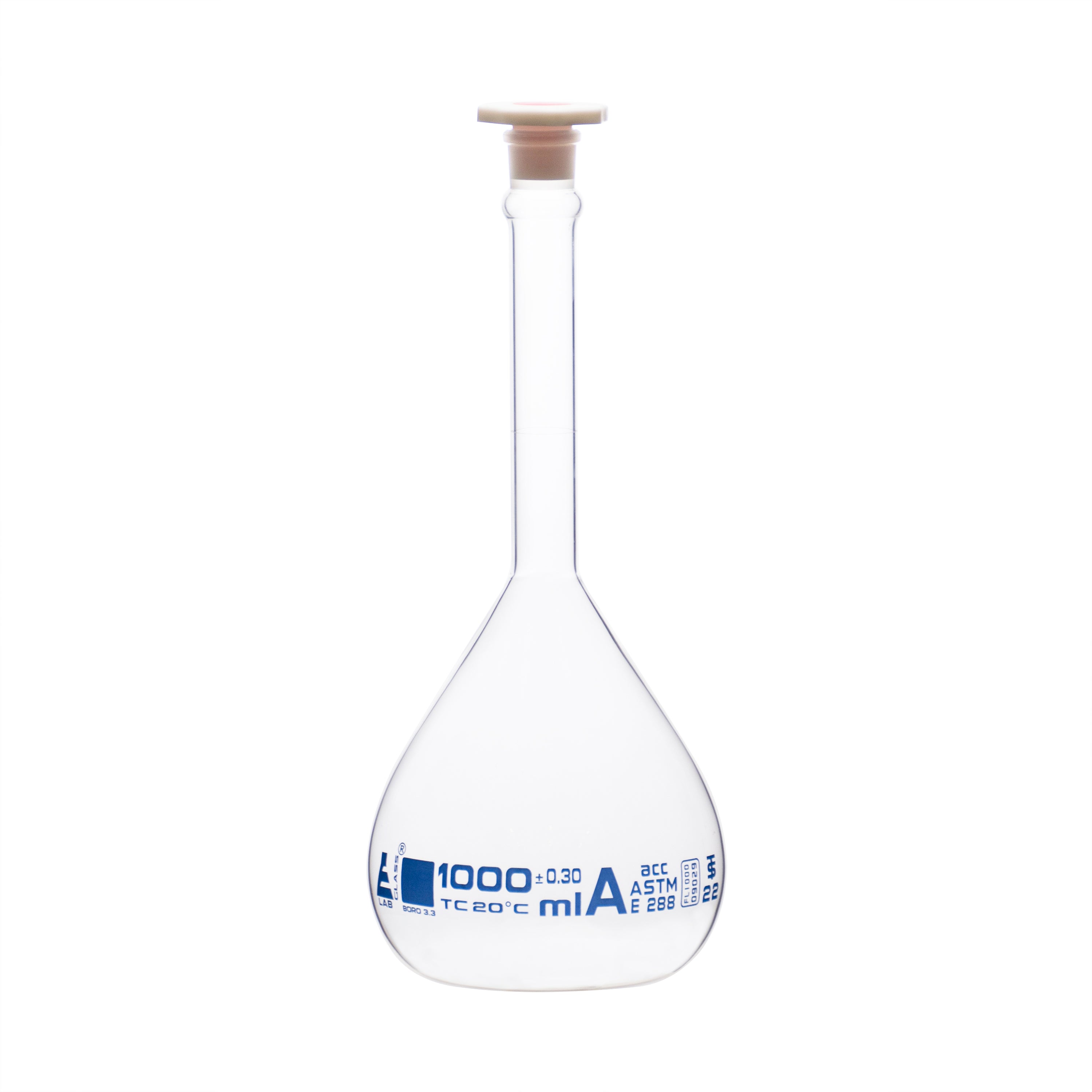 Flask Volumetric With Polypropylene Stopper  ASTM-E288 STD Class A,1000 ml, Stopper no 22, Blue Printing - eiscoindustrial