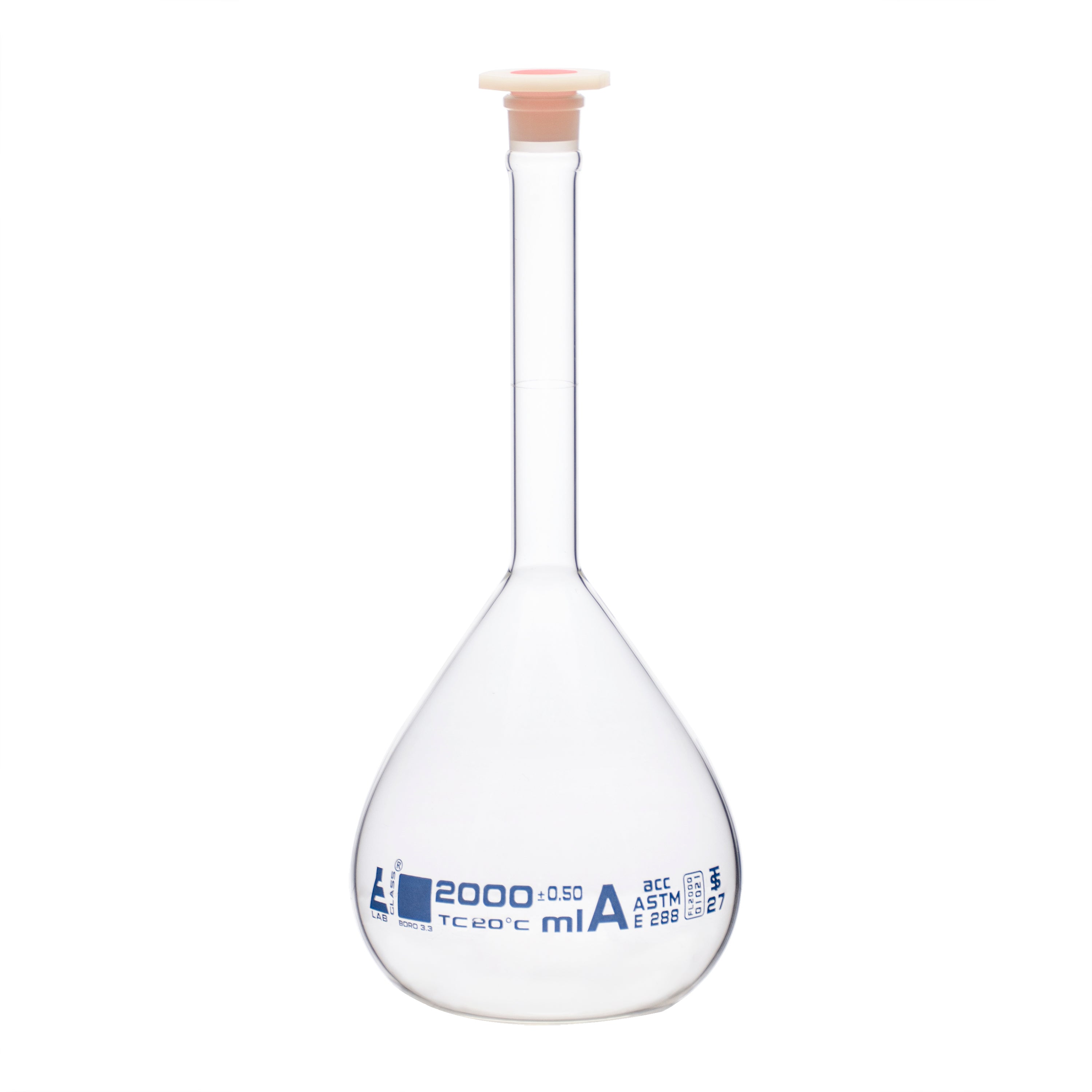 Flask Volumetric With Polypropylene Stopper  ASTM-E288 STD Class A,2000 ml, Stopper no 27, Blue Printing - eiscoindustrial