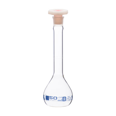 Flask Volumetric With Polypropylene Stopper  ASTM-E288 STD Class B,50 ml, Stopper no 13, Blue Printing - eiscoindustrial