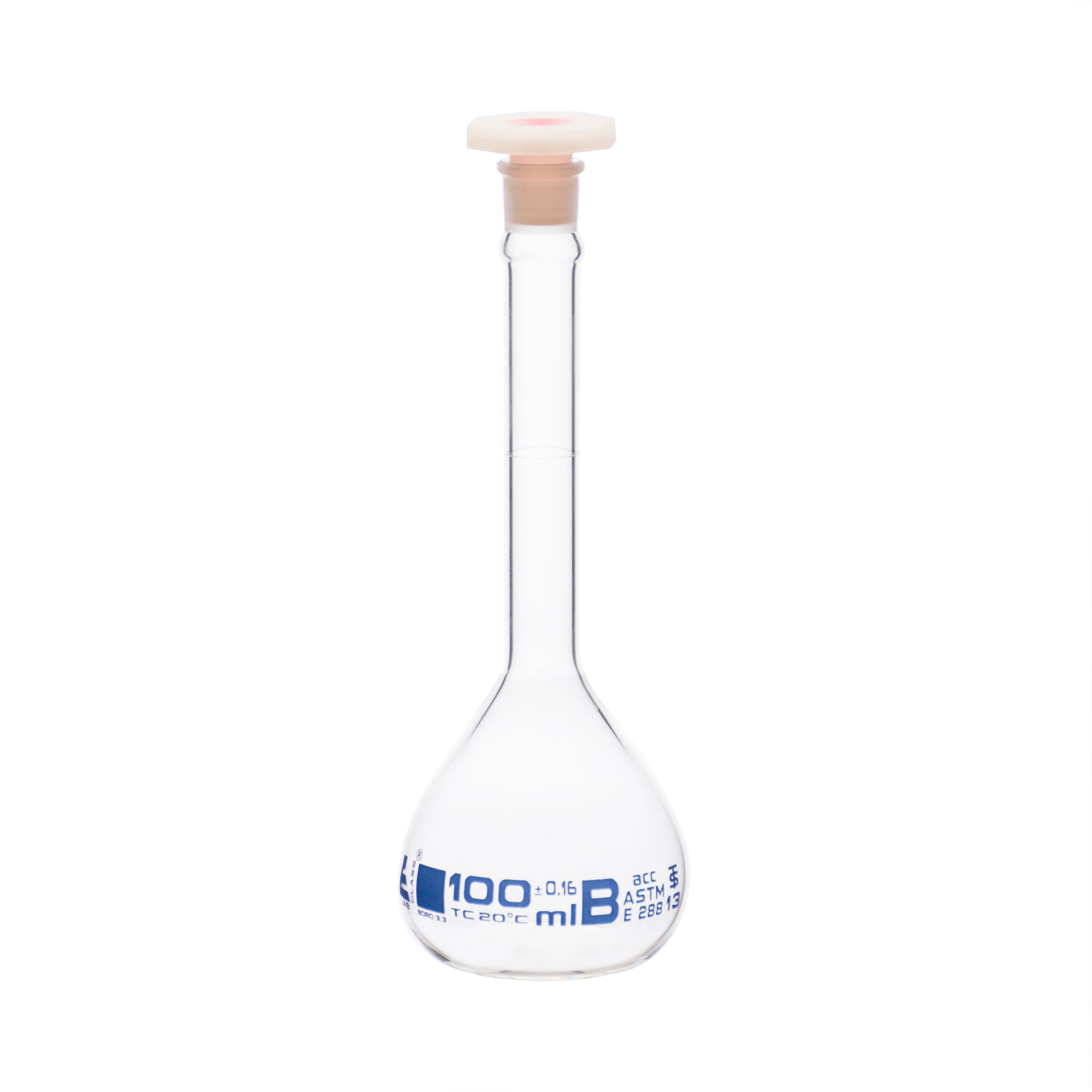 Flask Volumetric With Polypropylene Stopper  ASTM-E288 STD Class B,100 ml, Stopper no 13, Blue Printing - eiscoindustrial