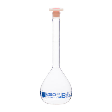 Flask Volumetric With Polypropylene Stopper  ASTM-E288 STD Class B,250 ml, Stopper no 16, Blue Printing - eiscoindustrial