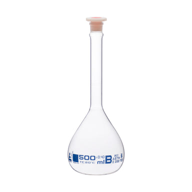 Flask Volumetric With Polypropylene Stopper  ASTM-E288 STD Class B,500 ml, Stopper no 19, Blue Printing - eiscoindustrial