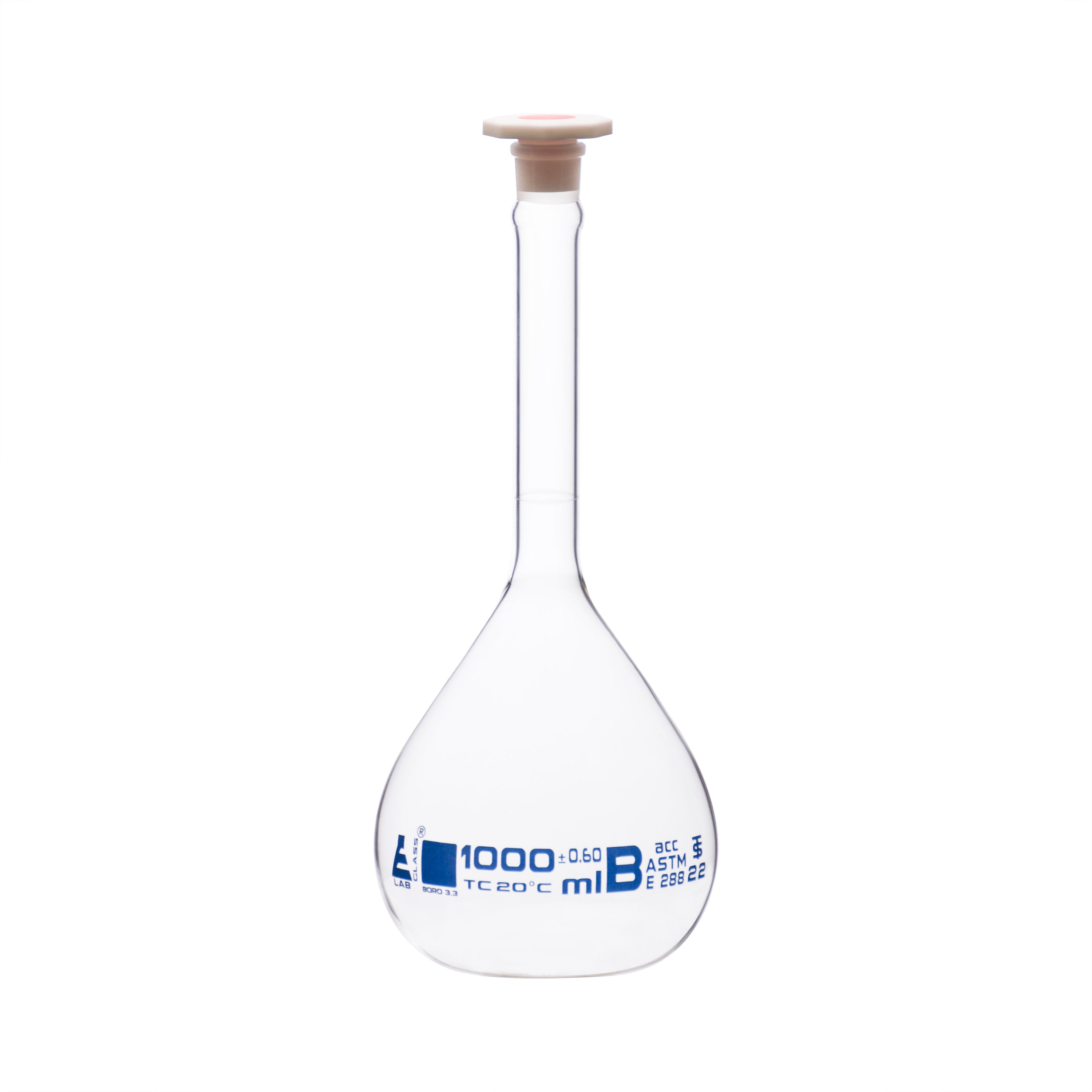 Flask Volumetric With Polypropylene Stopper  ASTM-E288 STD Class B,1000 ml, Stopper no 22, Blue Printing - eiscoindustrial