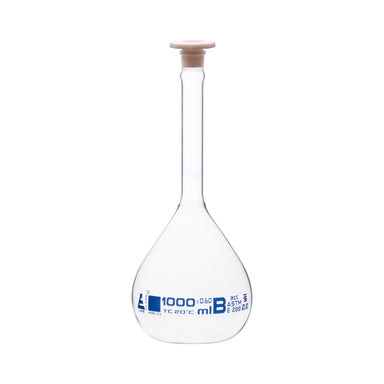 Flask Volumetric With Polypropylene Stopper  ASTM-E288 STD Class B,1000 ml, Stopper no 22, Blue Printing - eiscoindustrial