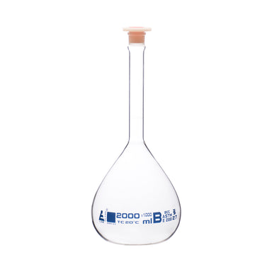 Flask Volumetric With Polypropylene Stopper  ASTM-E288 STD Class B,2000 ml, Stopper no 27, Blue Printing - eiscoindustrial