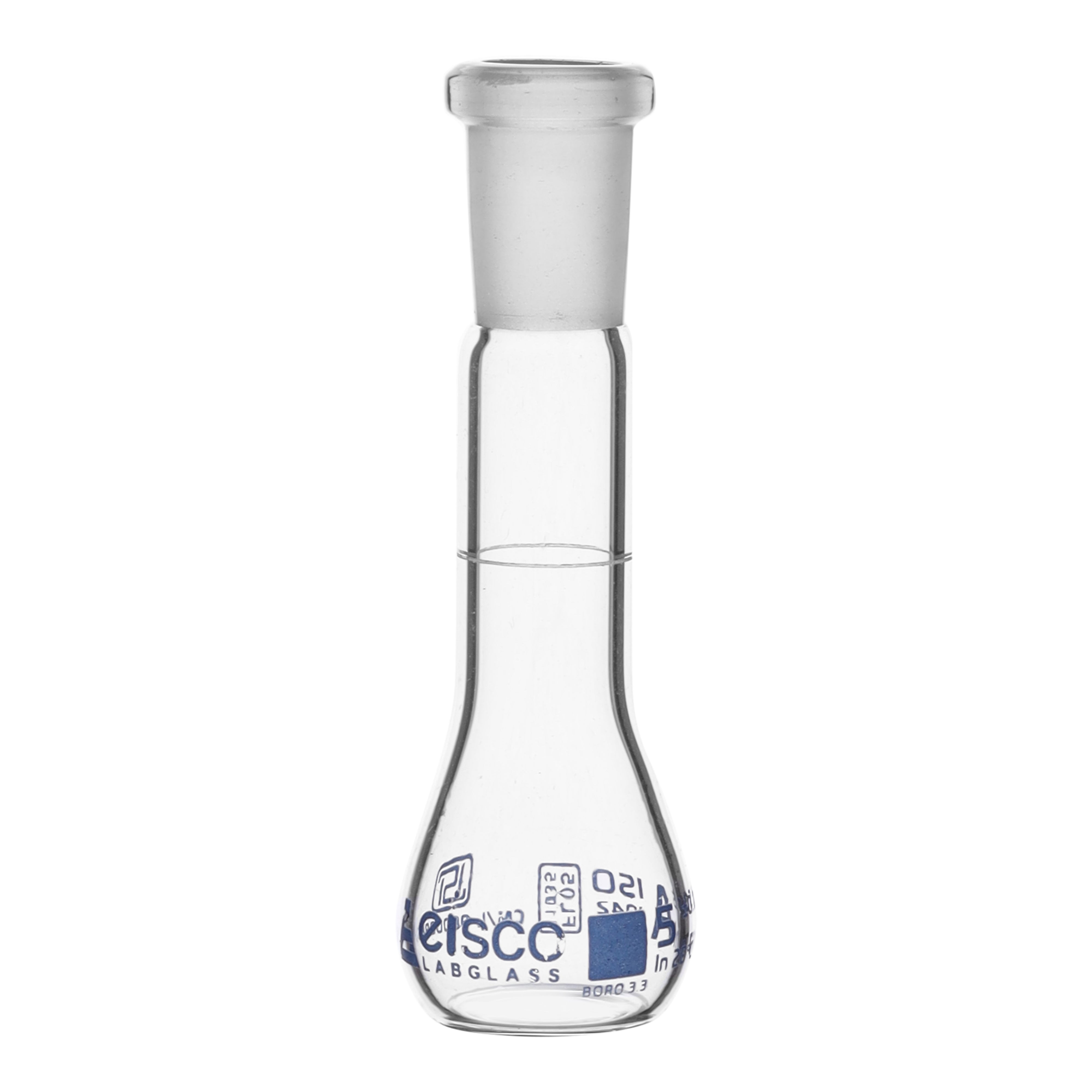 Flask Volumetric class 'A', cap. 5ml, socket size 10/19, borosilicate glass, Blue Printing ISI